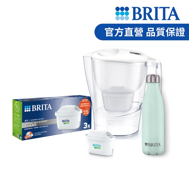 BRITA 官方直營 Aluna XL愛奴娜濾水壺+MXPro去水垢3入濾芯+保溫瓶 綠色(共1壺4芯+贈1瓶)