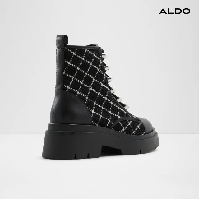 【ALDO】雙11★MARTHIA-菱格紋毛呢拼接綁帶中筒靴-女靴(黑白格紋)