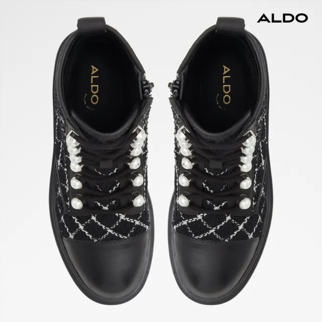 【ALDO】雙11★MARTHIA-菱格紋毛呢拼接綁帶中筒靴-女靴(黑白格紋)