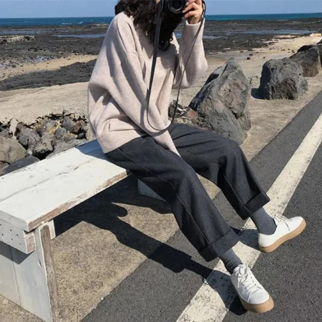【AnZa】毛呢九分直筒褲鬆緊腰抽繩長褲