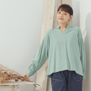 【MOSS CLUB】棉麻感袖抽細摺氣質半開襟長袖上衣(白 綠)