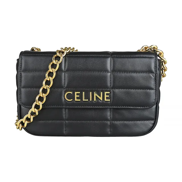 【CELINE】CELINE復古金屬LOGO長格紋絎縫設計小牛皮釦式鍊帶肩背斜背包(黑)
