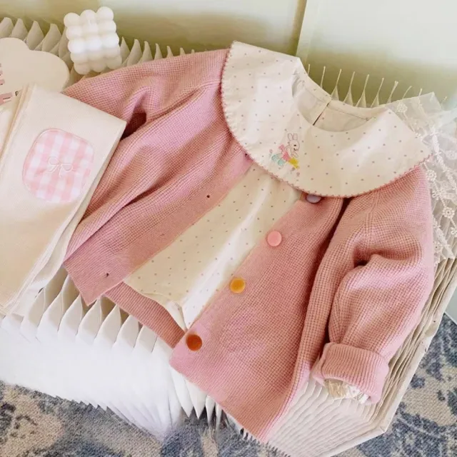 【橘魔法】彩色鈕扣華夫格長袖外套 針織外套 小外套 薄長袖 薄外套 開衫 針織衫 女童 兒童 童裝