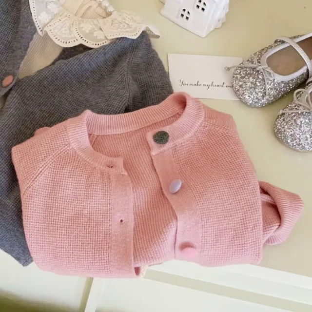 【橘魔法】彩色鈕扣華夫格長袖外套 針織外套 小外套 薄長袖 薄外套 開衫 針織衫 女童 兒童 童裝