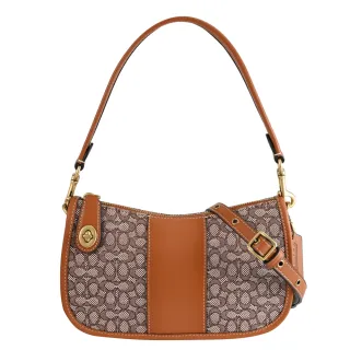 【COACH】經典C字LOGO緹花皮革條紋肩斜手提包兩用包(咖邊)