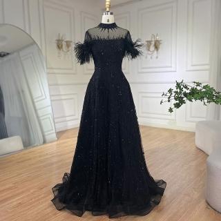 【女神婚紗禮服】優雅羽毛飛飛短袖釘珠立領A字宴會晚禮服LA72351神秘黑(婚禮晚會主持人 拉鍊款晚禮服)