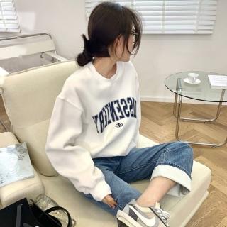 【D.studio】韓版圓領字母休閒寬鬆長袖上衣(女裝 衣服 長袖t恤 保暖上衣 冬裝 發熱衣 內刷毛 大學T W540)