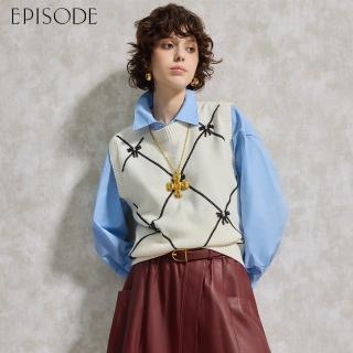 【EPISODE】百搭可愛立體蝴蝶結珠飾菱格紋羊毛背心（米）E44901