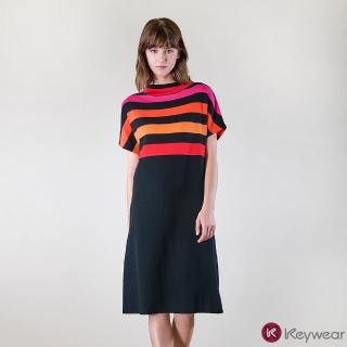 【KeyWear 奇威名品】落肩設計拼接配色短袖針織洋裝