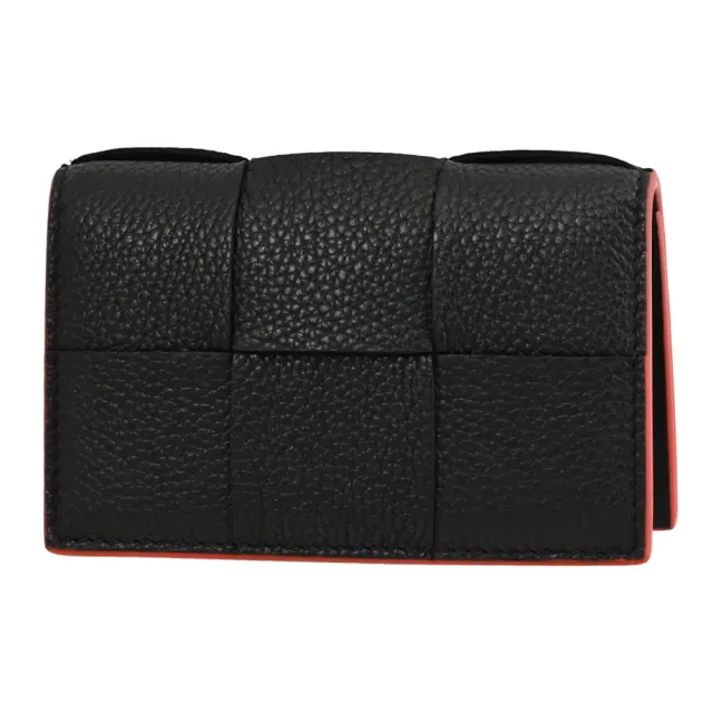 【BOTTEGA VENETA 寶緹嘉】經典大格手工編織小牛皮對折信用卡名片證件卡夾(黑紅)
