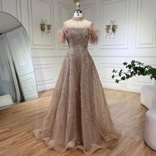 【女神婚紗禮服】優雅羽毛飛飛短袖釘珠立領A字宴會晚禮服LA72351焦糖棕(婚禮晚會主持人 拉鍊款晚禮服)
