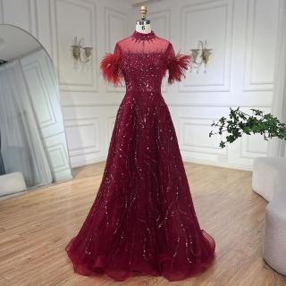 【女神婚紗禮服】優雅羽毛飛飛短袖釘珠立領A字宴會晚禮服LA72351深酒紅(婚禮晚會主持人 拉鍊款晚禮服)