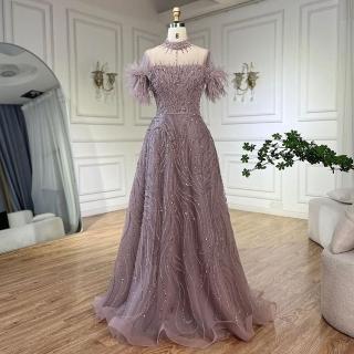 【女神婚紗禮服】優雅羽毛飛飛短袖釘珠立領A字宴會晚禮服LA72351香芋粉(婚禮晚會主持人 拉鍊款晚禮服)