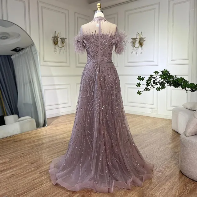 【女神婚紗禮服】優雅羽毛飛飛短袖釘珠立領A字宴會晚禮服LA72351香芋粉(婚禮晚會主持人 拉鍊款晚禮服)