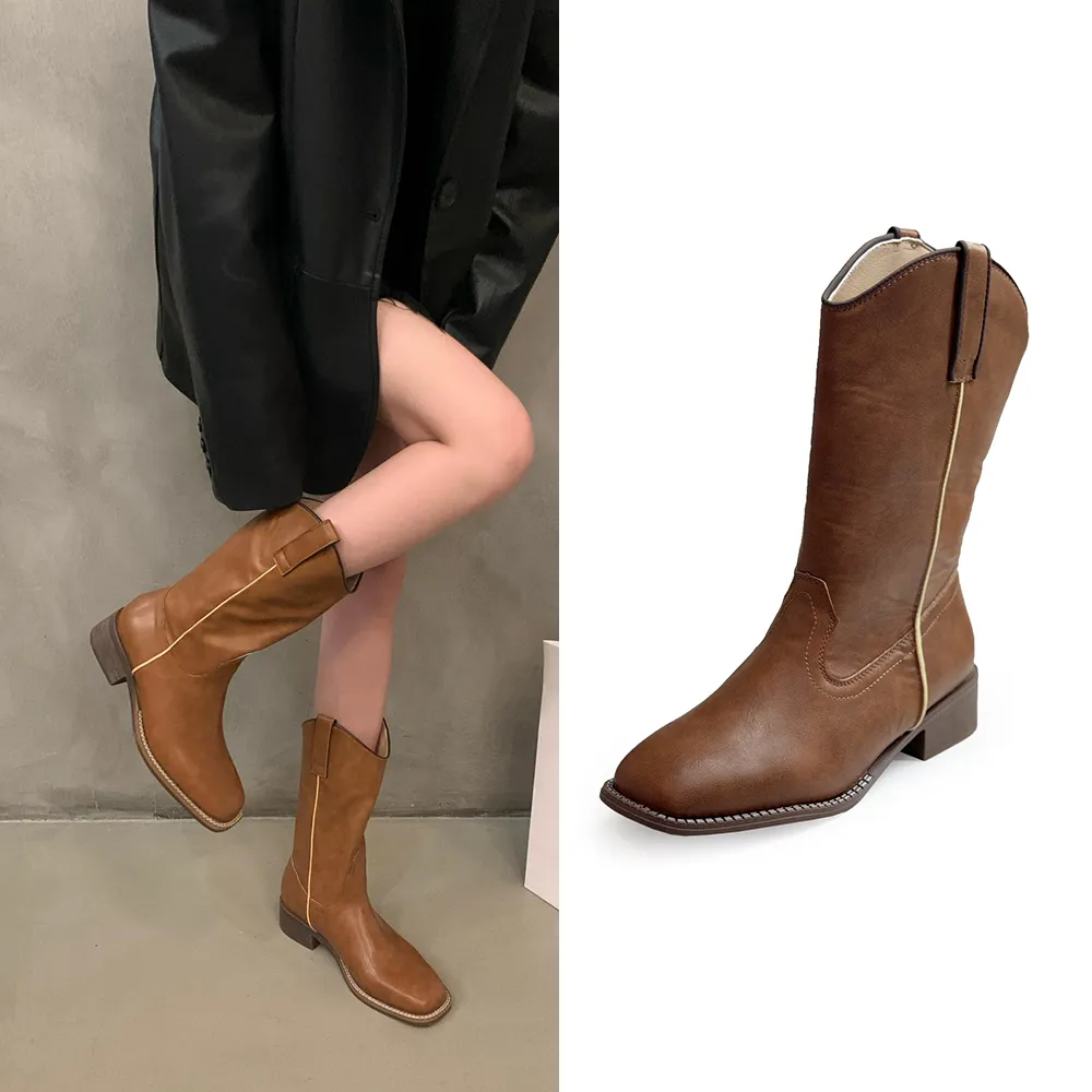 【0101】中筒靴 帥氣騎士V口方頭粗跟靴(棕)