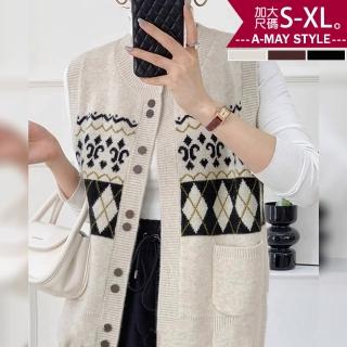 【艾美時尚】女裝 針織背心 上衣 復古時尚印花排釦針織毛衣背心。S-XL(3色.預購)