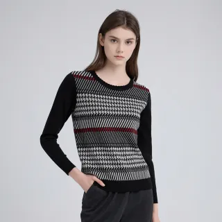 【ILEY 伊蕾】混搭格紋羊毛針織上衣(黑；M-2L；1244455005)