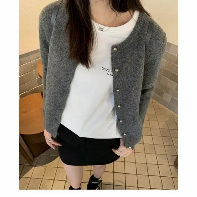 【米蘭精品】現貨+預購 針織外套長袖毛衣(溫柔修身圓領小金扣女外套3色74ik82)