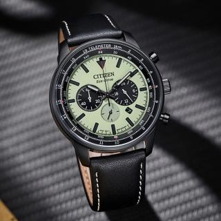 【CITIZEN 星辰】綠幽靈夜光光動能三眼計時手錶-黑x藍 男錶 畢業禮物(CA4505-21X)