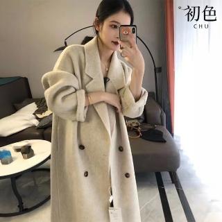 【初色】簡約休閒純色仿羊絨加厚保暖西裝領長袖長款大衣外套女外套-米白色-38689(M-3XL可選)