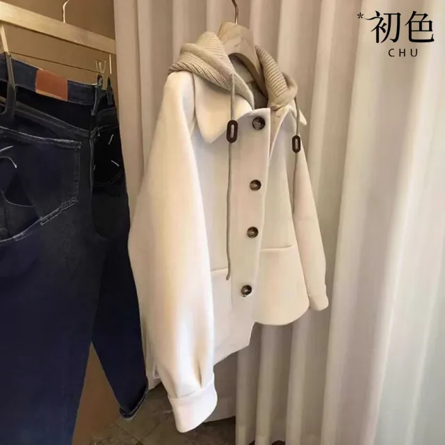 【初色】簡約風純色毛呢針織假兩件連帽長袖外套女外套-共2色-38688(M-4XL可選)