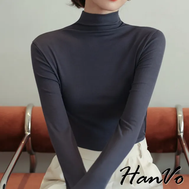 【HanVo】現貨 半高領莫代爾長袖打底衣(細緻質感輕薄透氣內搭衣 韓系女裝 女生衣著 A02-0559)