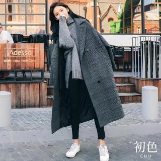 【初色】英倫復古風格紋開衩寬鬆毛呢翻領雙排釦長袖大衣外套女外套-深灰格-38697(M-2XL可選)