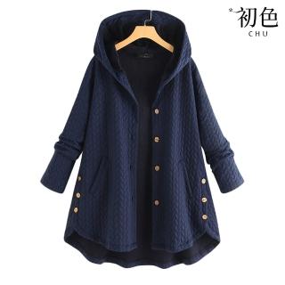 【初色】純色麻花辮寬鬆休閒保暖棉襖連帽長袖外套女外套-共5色-38639(M-4XL可選)