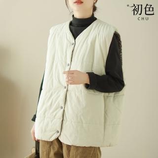【初色】文藝風純色寬鬆夾棉加厚保暖開衫單排釦馬甲外套背心女背心-共3色-38601(L-2XL可選)