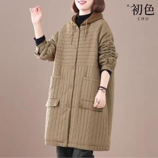 【初色】復古風縫線條紋中長款遮肉抽繩連帽鋪棉大衣外套女外套-共3色-38597(M-2XL可選)