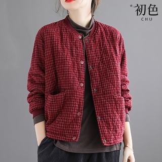 【初色】簡約復古格紋棒球領長袖寬鬆保暖鋪棉棒球外套女外套-紅色-38563(M-2XL可選)