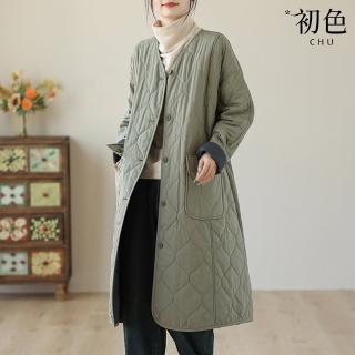 【初色】復古素色拼接壓紋寬鬆長袖保暖中長款防風大衣休閒外套-共3色-31845(M-2XL可選)