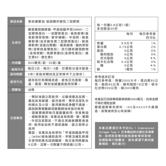 【家倍健】挺固關日本非變性二型膠原蛋白(30錠/盒/UCII/葡萄糖胺/MSM//軟骨素/咪唑胜肽/膠原蛋白/玻尿酸)
