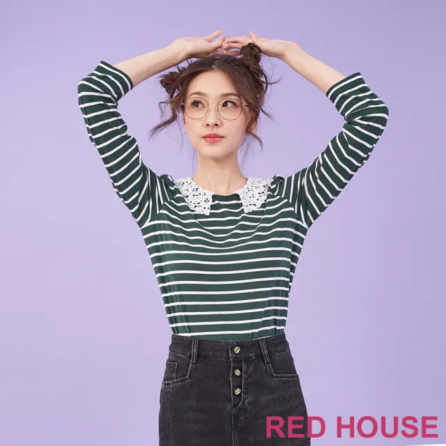 【RED HOUSE 蕾赫斯】俏麗蕾絲領條紋上衣(綠色)