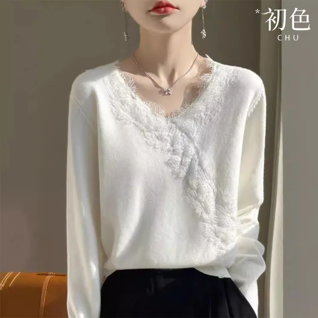 【初色】優雅風寬鬆純色蕾絲V領長袖落肩袖毛衣上衣女上衣-共3色-38571(F可選/現貨+預購)