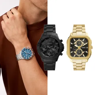 【FOSSIL 官方旗艦館】三眼計時/復古方形 不鏽鋼/皮革錶帶指針手錶【618 限定價】(多款多色可選)