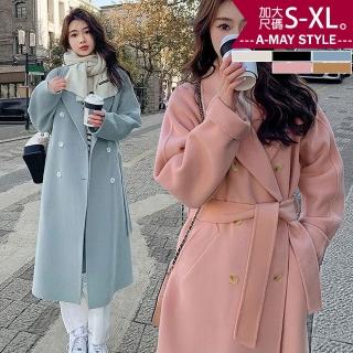【艾美時尚】女裝 毛呢外套 經典日韓設計腰帶保暖顯瘦長版毛呢大衣。S-XL(5色.預購)