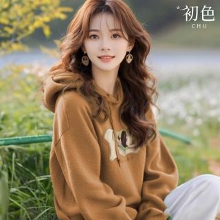 【初色】韓版純色寬鬆圖騰帽T連帽長袖上衣女上衣-棕色-38703(M-2XL可選)