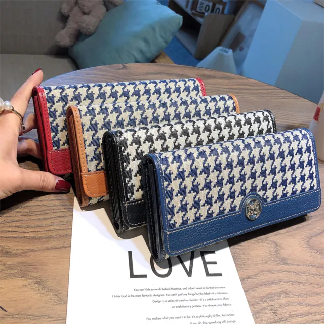 【MoonDy】皮夾 長夾 長夾 千鳥紋包包 帆布長夾 長款錢包 女皮夾 牛皮夾 禮物 精