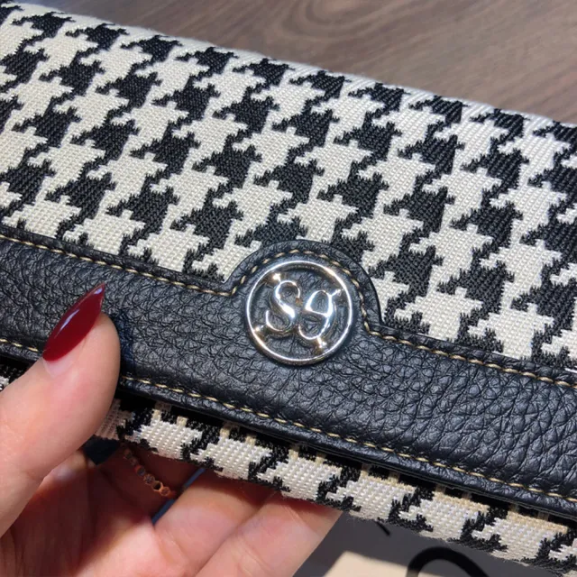 【MoonDy】皮夾 長夾 長夾 千鳥紋包包 帆布長夾 長款錢包 女皮夾 牛皮夾 禮物 精