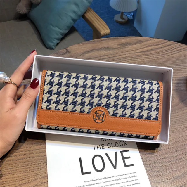 【MoonDy】皮夾 長夾 長夾 千鳥紋包包 帆布長夾 長款錢包 女皮夾 牛皮夾 禮物 精