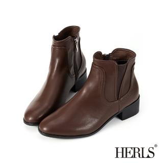 【HERLS】短靴-深V鬆緊造型拼接橢圓頭皮革短靴(深棕色)