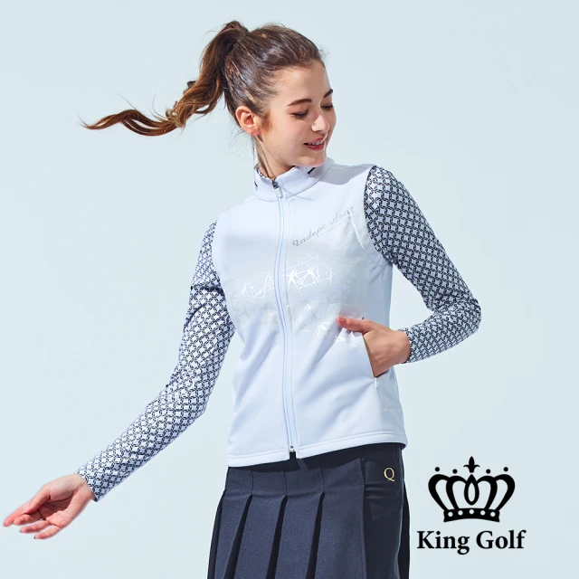 KING GOLF 實體同步-女款蜘蛛網線條拼接立領拉鍊背心外套(白色)