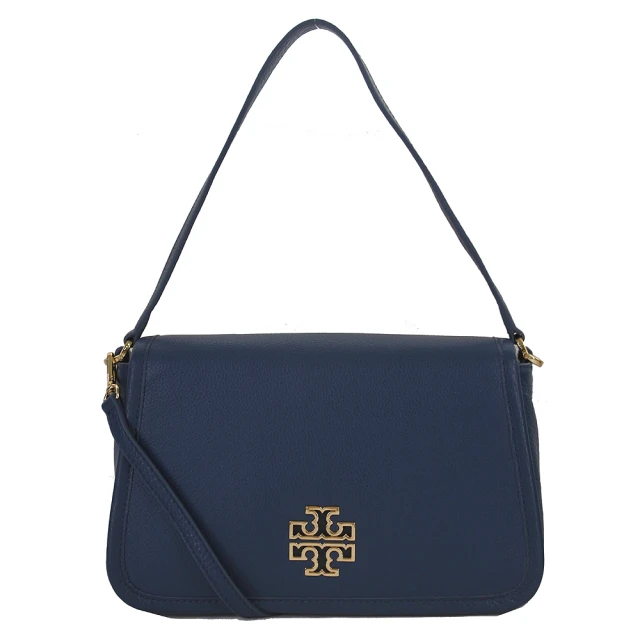 TORY BURCH BRITTEN SHOULDER經典鏤空LOGO荔枝紋全皮革肩/斜兩用包(藍色)