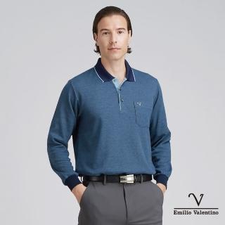 【Emilio Valentino 范倫鐵諾】雙11 蓄熱保暖棉質磨毛定位素面條紋長袖POLO衫 藍(66-4V8169)