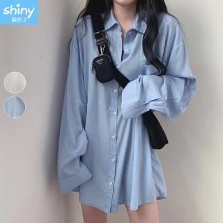 【Shiny 藍格子】簡單純色單口袋長版襯衫/外套 V5020 現+預(女裝 罩衫)