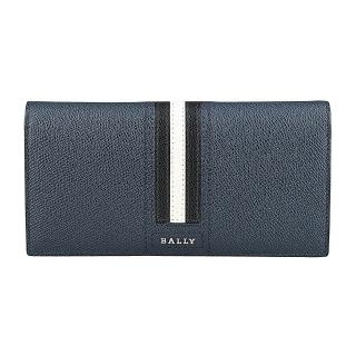 【BALLY】BALLY立體銀字LOGO防刮牛皮黑白黑條紋8卡對折長夾(海軍藍)