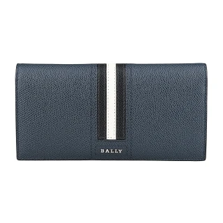 【BALLY】BALLY立體銀字LOGO防刮牛皮黑白黑條紋8卡對折長夾(海軍藍)