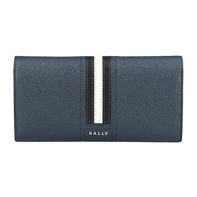 【BALLY】BALLY立體銀字LOGO防刮牛皮黑白黑條紋8卡對折長夾(海軍藍)