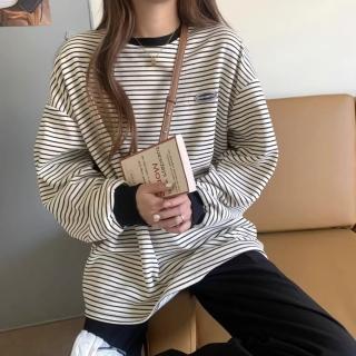 【D.studio】韓版圓領條紋長袖上衣(女裝 衣服 長袖t恤 保暖上衣 冬裝 大學T oversize W301)